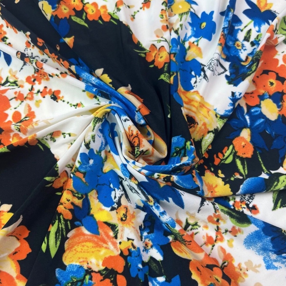 Blue and Orange Floral Print Multicolor Jersey Fabric